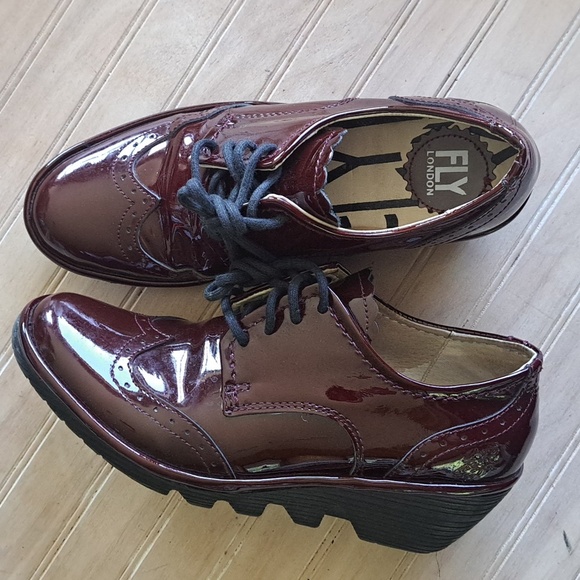 Fly London Shoes - Fly London Oxford Lace Up Burgundy Patent Leather Wedge Comfort Shoes